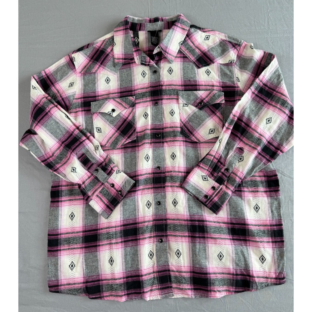 Wrangler Retro Womens Pearl Snap Shirt XXL‎ Pink Black Plaid Western Cowgirl Fun